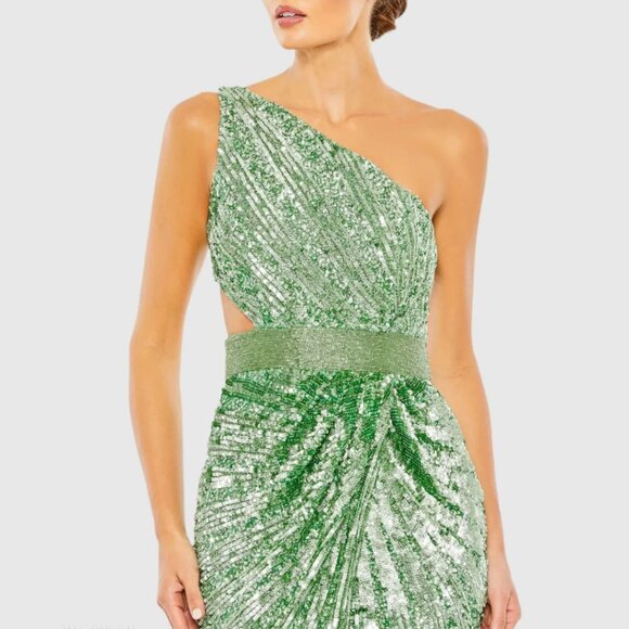 Mac Duggal 5687 Size 16 Sage Green One Shoulder Corset Back Long Maxi Gown Dress - Picture 5 of 7